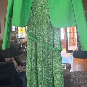 Retro MCM green floral dress belt jacket set 1960's polyester s/m mod 3 pcs